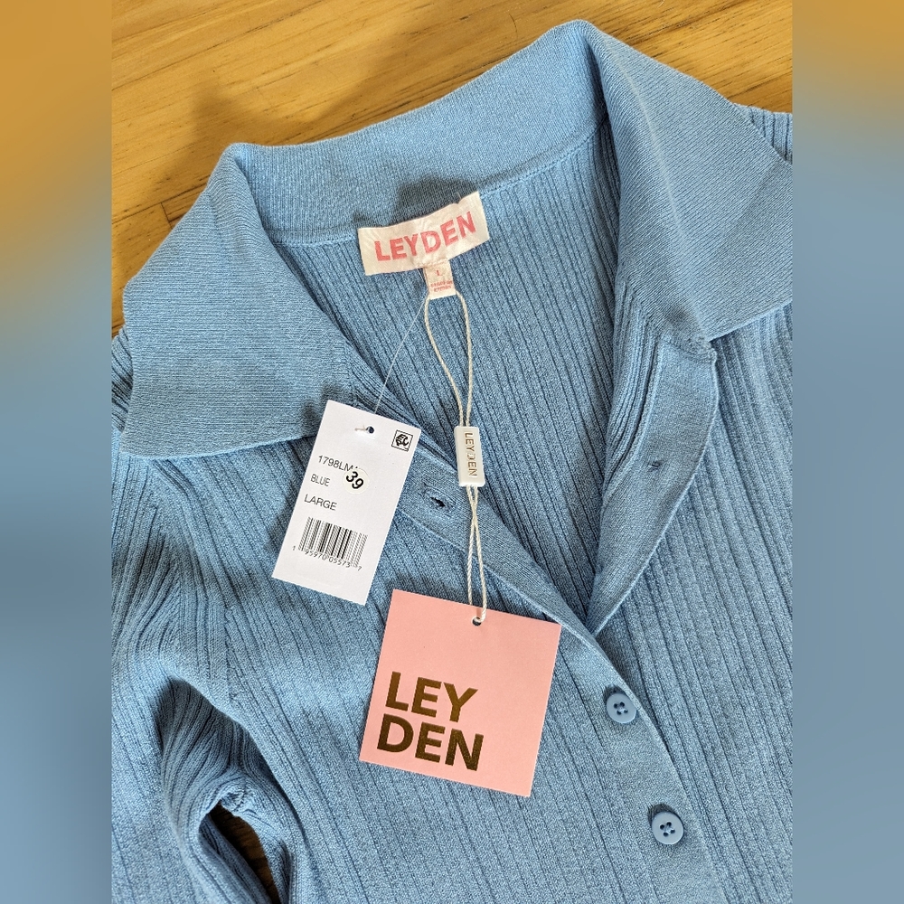 LEYDEN Button Down Ribbed Bodycon Long Sleeve Blue Dress Women's Size Large